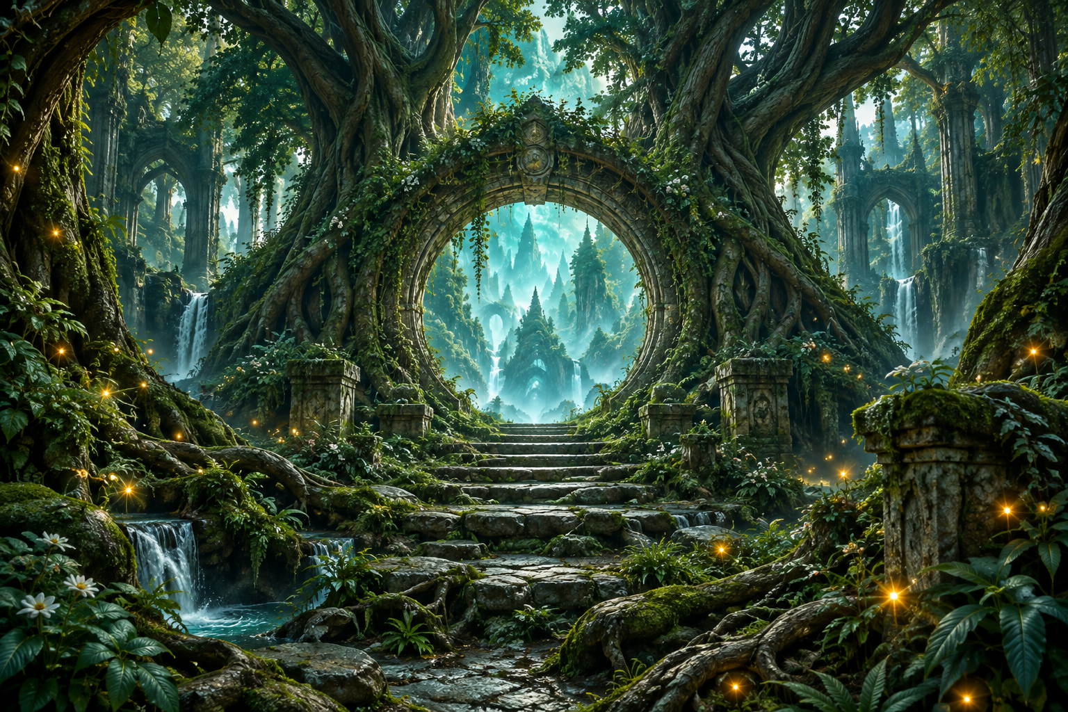 A glowing doorway in an emerald forest